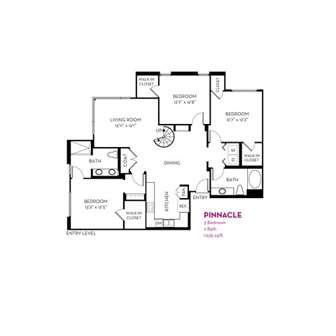 Floor plan for 3 beds, 2 baths, 1535 sqft